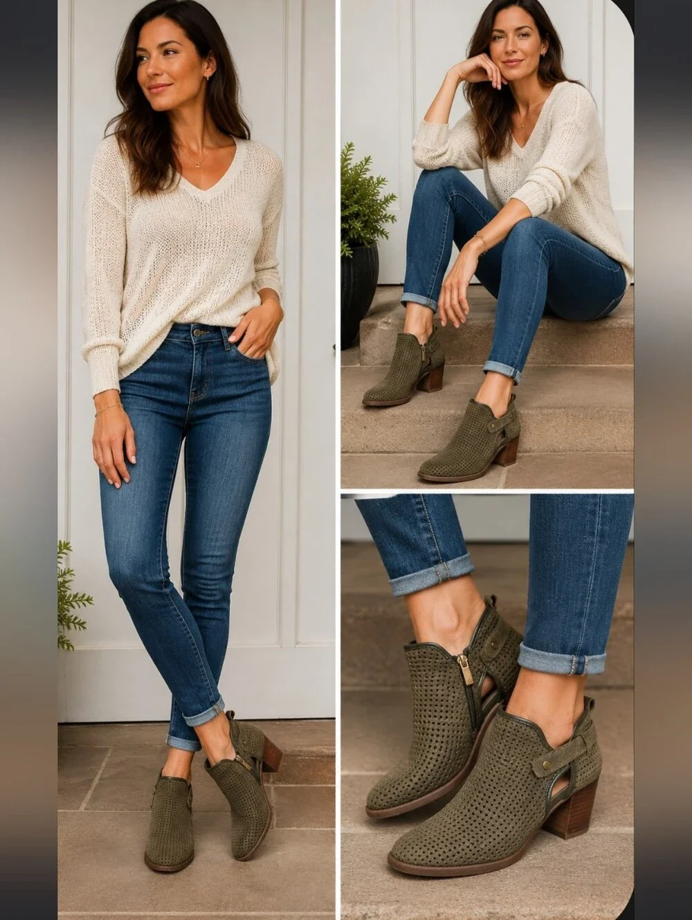 Franco Sarto Olive Suede Perforated Ankle Booties Size 7.5 Block Heel